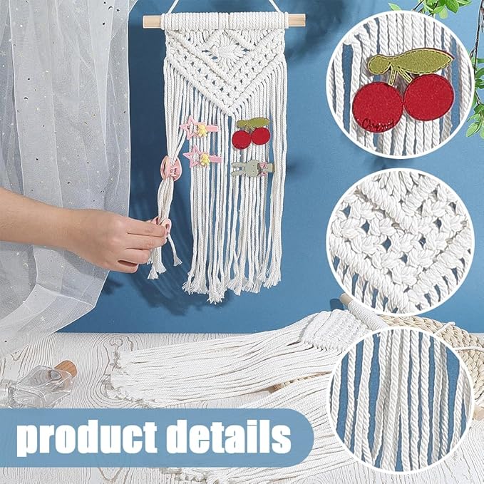 AHANDMAKER 3Pcs Macrame Hair Bow Holder Boho Wall Hair Clips Hanger Headband Storage Organizer Hanging Hairs Bow Organizer Tassels Bows Organizer Wall Hanging Decoration for Bedroom Living Room