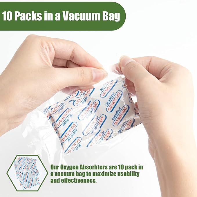100 Packs 200CC Food Grade Oxygen Absorbers (10 Pack in Individual Vacuum Bag ) , Oxygen Absorbers For Long Term Food Storage with Oxygen Indicator , Works in Mylar Bags, Mason Jars, and Vacuum Bags