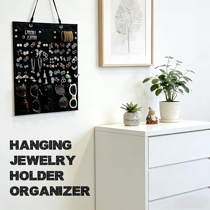 Hanging Jewelry Organizer, Wall Jewelry Organizer Storage for Earrings, Necklaces, Bracelets and Sunglasses, Soft Felt Wall Mount Earring Display Holder for Women Girl, Black