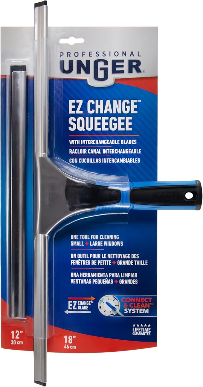 Unger Professional Connect and Clean 18” EZ Change Window & Glass Cleaning Squeegee,Large-and Small Windows,Rubber Blade Tool for Streak-Free Results,Includes 12” Channel,(Pack of 6)