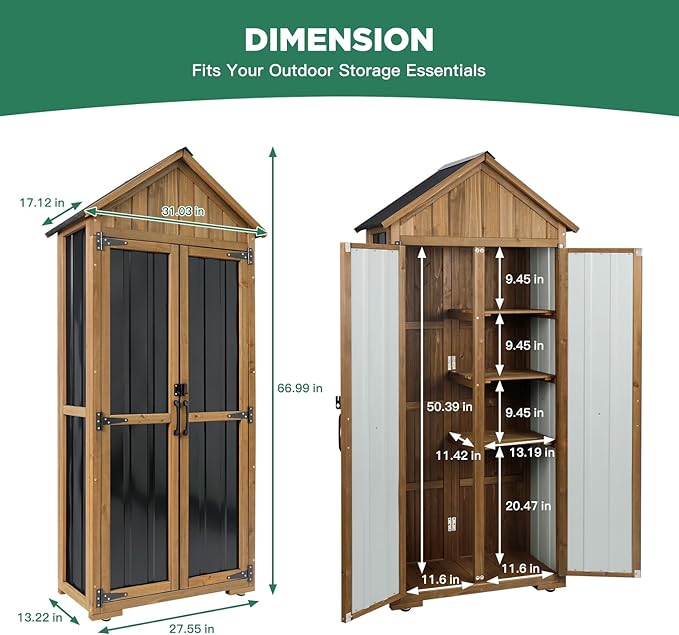 Outdoor Storage Cabinet, Wood & Metal Storage Shed with Weather-Resistant Roof, Adjustable Shelf, Lockable Doors & Adjustable Feet, for Garden, Patio, Backyard, 27.5" x 13" x 67"