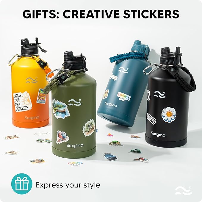 1 Gallon Insulated Water Bottle with Silicone Boot (48hrs Cold/24hrs Hot) - DIY Stickers, Leakproof, BPA Free, 128 oz [2-IN-1 LID]