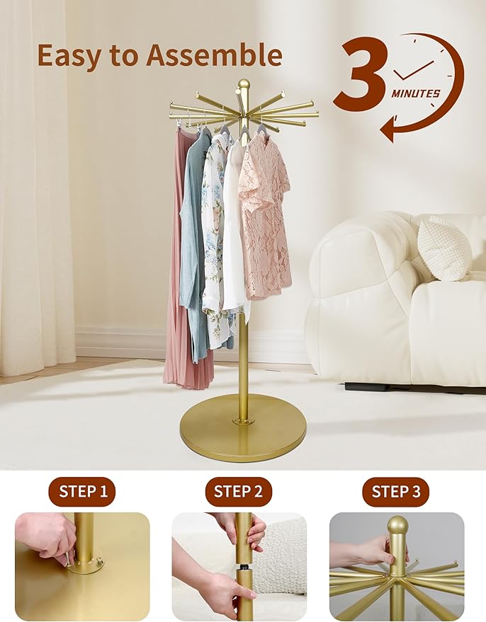 23-Inch Heavy-Duty Metal Rotating Rack | 12-Arm Freestanding Scarf Display Rack,With Adjustable Pad Base, Scarf, Bag, Fabric Storage Organizer, For Boutique, Retail & Home,Gold