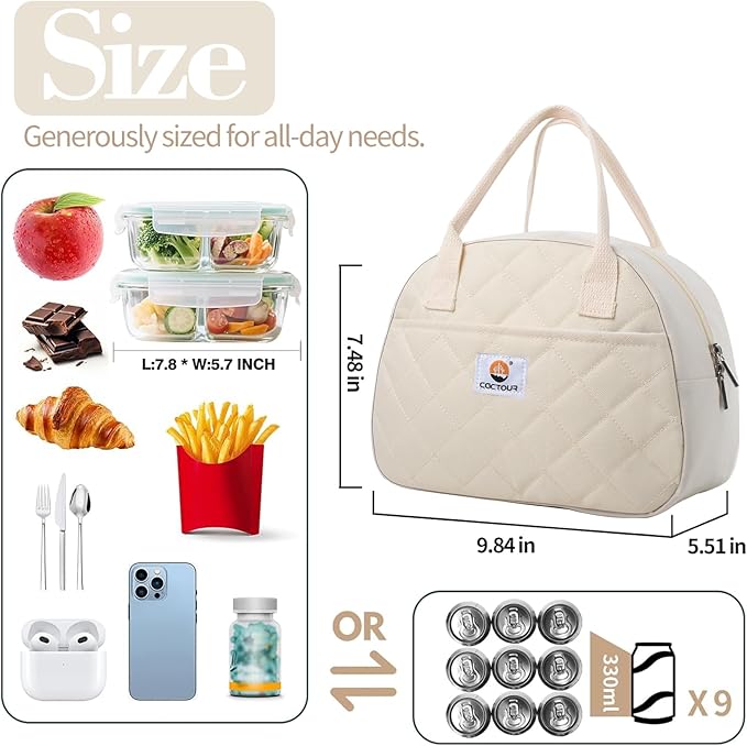 Lunch Bag Women,Insulated Quilted Lunch Bag, Small Portable Cute Lunch Box,Cooler Bag Reusable Lunch Tote for Work/Travel/Picnic (Beige)