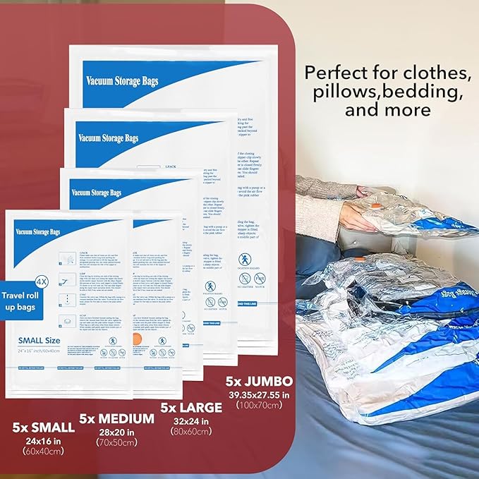 MEIQIHOME Vacuum Storage Bags, Space Saver Sealer Bags,Vacuum seal bags for clothing, Pillows, Comforters, Blankets, Bedding,36 Pack cordless travel vacuum bag set