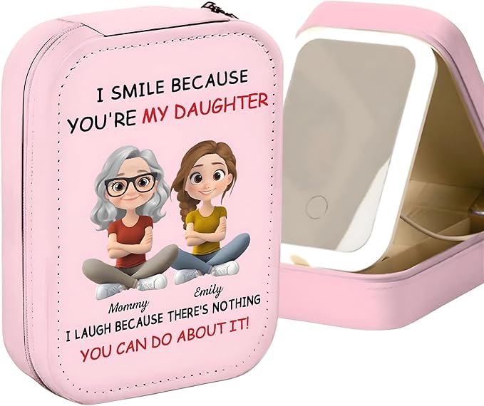I Smile Because You're My Daughter, For Daughter Personalized Custom Jewelry Box with LED Mirror, Cartoon Mom Daughter Travel Jewelry Case, Daughter Leather Jewelry Organizer, Daughter Gifts from Mom