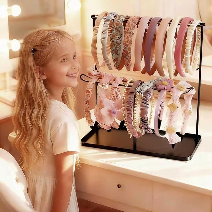 Headband Holder Organizer Metal 2-Tier with Tray, Necklace Storage Hairband Rack Hair Accessories Display Stand Stand Home Bedroom College Dorm Decor for Girls Women (Black)