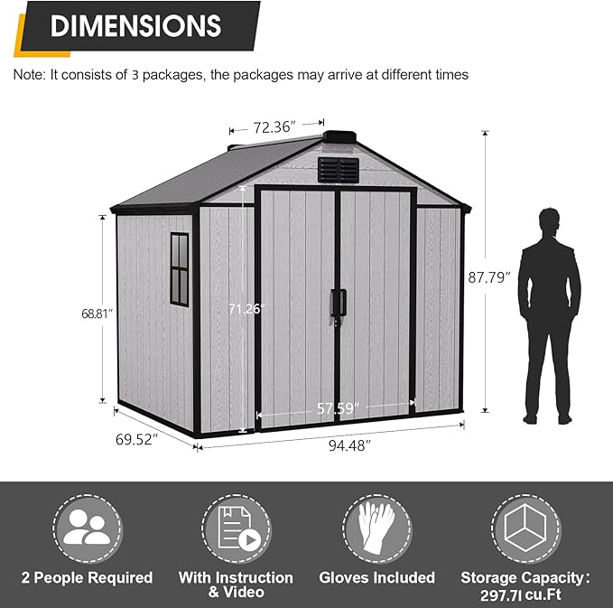 MELLCOM 8 x 6 FT Outdoor Storage Tool Shed with Windows and Lockable Door, Resin Outdoor Storage Shed with Floor, Resin Garden Shed for Lawnmower, Pool Supply, Bike