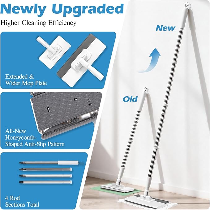 Mini Sweeper Mop,Masthome Reusable Clamp Mop with 50 " Stainless Steel Handle,1 Second Installation,Flat Dust Mops for House Wall,Bathroom, Windows, Corners, Includes 1 Sweeping Cloth