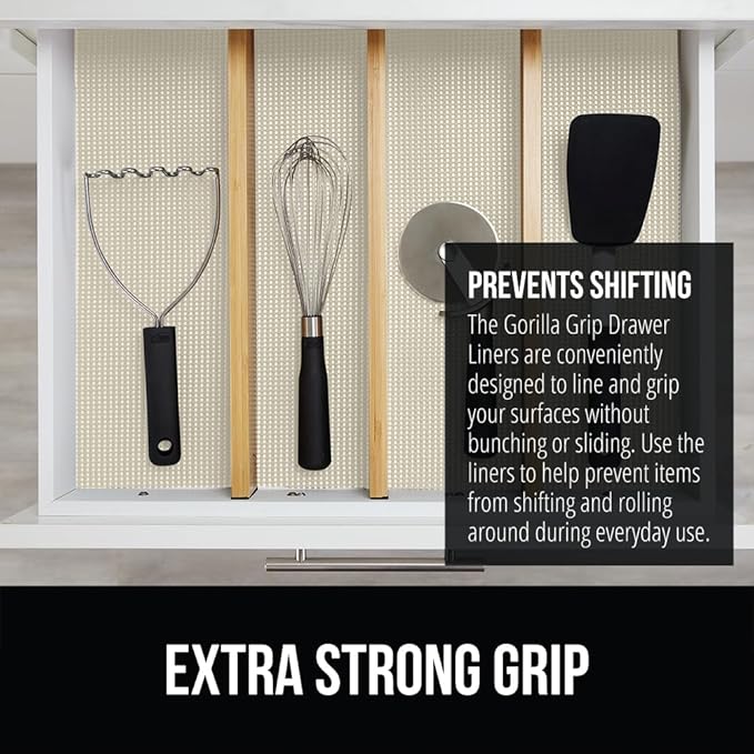 GORILLA GRIP powerGRIP Drawer Shelf and Cabinet Liner, Thick Strong Hold, Non-Adhesive Liners Protect Kitchen Cabinets and Cupboard, Bathroom Drawers, Easy Install, Breathable Mat, 20" x30', Cream