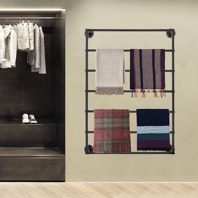 Wall Mounted Scarf Rack, 7-Tier Scarf and Tie Display Rack, Black Hijab Hanger, Metal Wrapping Paper Storage Organizer for Accessory Stores, Bedrooms, Bathrooms