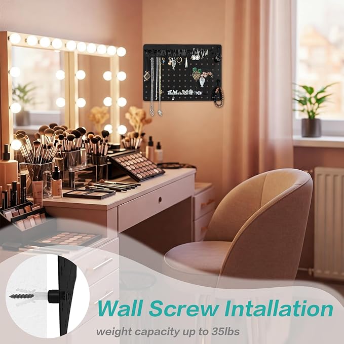Wall Pegboard Jewelry Organizer - Versatile Jewelry Holders for Necklace Earring Bracelet Ring with Magnetic Racks Display Tray S Hooks J Hangers - Hanging Cabinet Closet Dresser Adhesive Mount Set