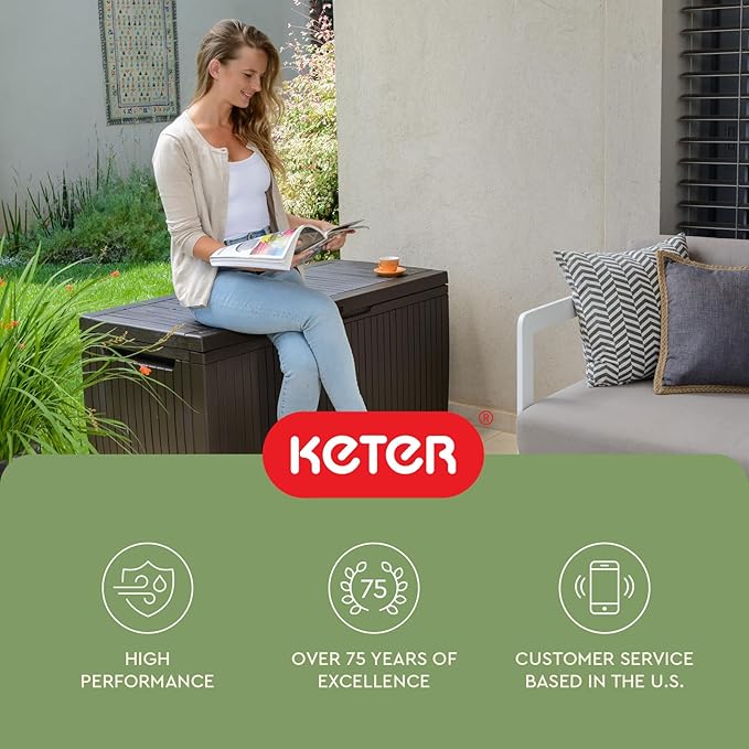 Keter Springwood 80 Gallon Resin Outdoor Storage Box for Patio Furniture Cushions, Pool Toys, and Garden Tools with Handles, Brown