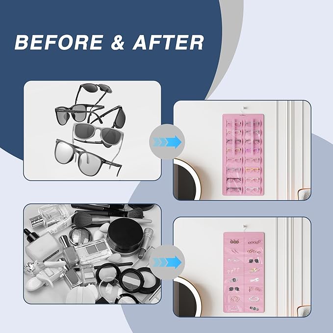 Hanging Sunglasses Organizer and Storage, Dual-Sided Sunglasses Case and Jewelry Holder, Wall-Mounted, 32 Clear Slots, Dust-Proof, Roof Design for Travel, Pink