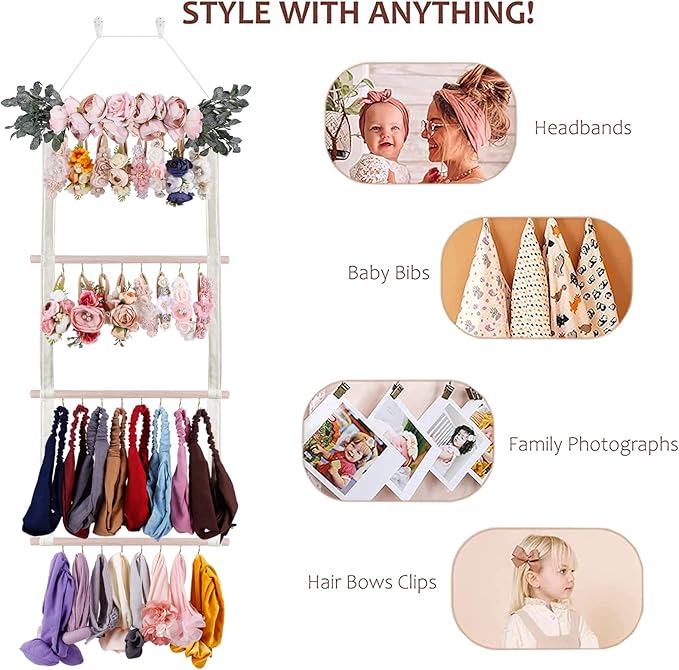 Hair Bows Holder Headband Organizer for Girls,Baby Hair Accessories Organizer Hair Clips Hanger Storage with Hooks, Wall Hanging Decor for Nursery Room