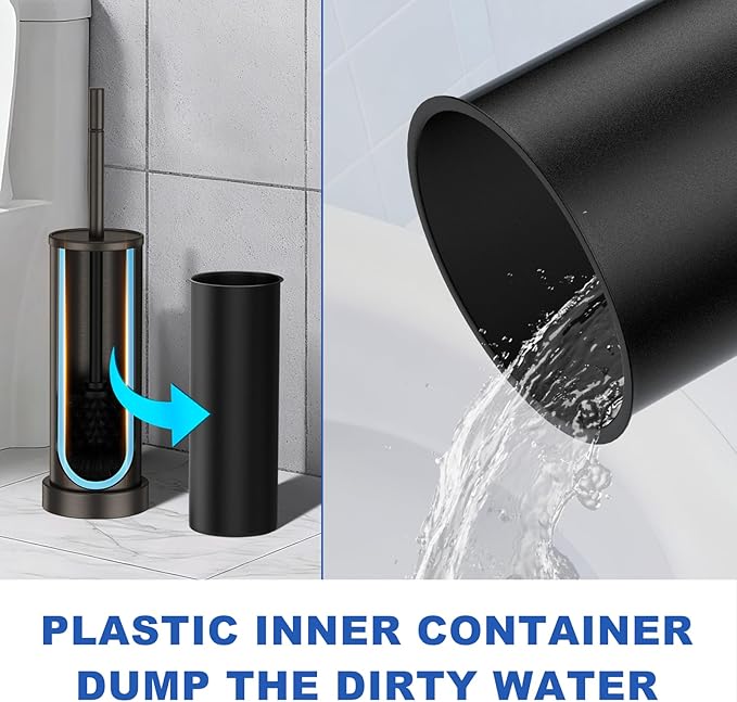 Toilet Brush and Holder Set: 304 Stainless Steel Heavy Duty Toilet Bowl Brush and Holder with Removable Inner Bowl and Splash Protection, Long Handle Bathroom Cleaning Tool