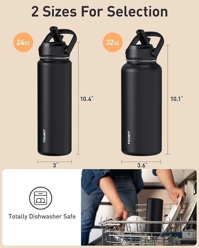TOURIT 32 oz Insulated Water Bottle, Stainless Steel Bottle With Straw, Double Wall Vacuum Insulation for Cold and Hot Drinks, Leak Proof BPA Free Flask for Sports and Travel, Black
