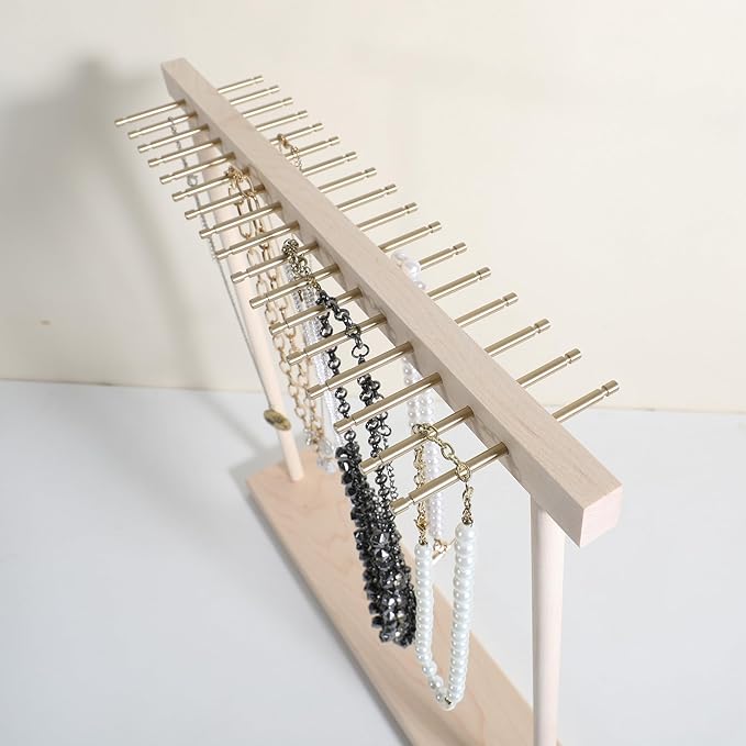 GemeShou Large necklace hanger shelf with 17 copper bars, Wooden jewelry storage organizer rack for hanger necklace bracelet, necklace display stand for boutique store【Marple】