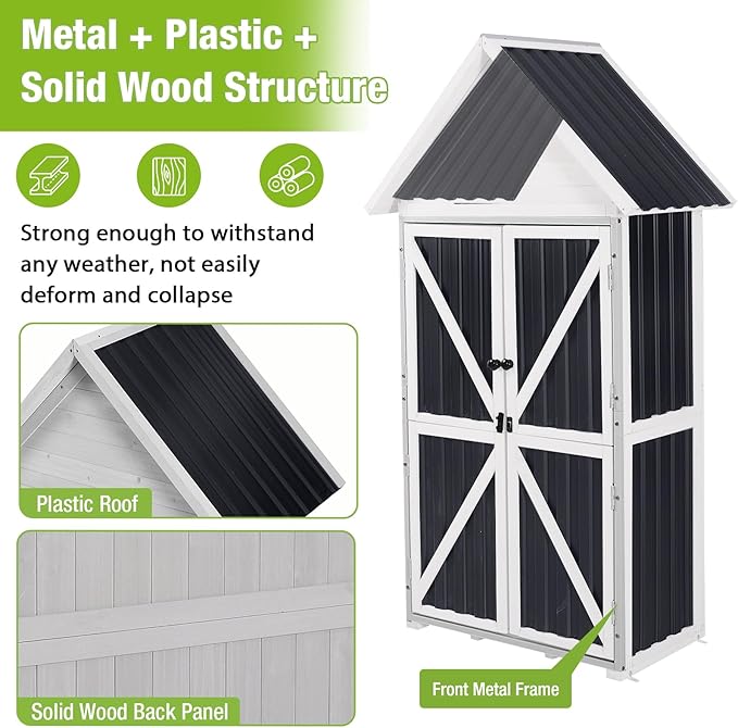 GUTINNEEN Outdoor Storage Cabinet, Wood & Metal Frame Garden Storage Shed with Waterproof Plastic Roof, Adjustable Shelves, Raised Base, Weather-Resistant Tool Shed for Backyard, Patio & Lawn, 67.5"H