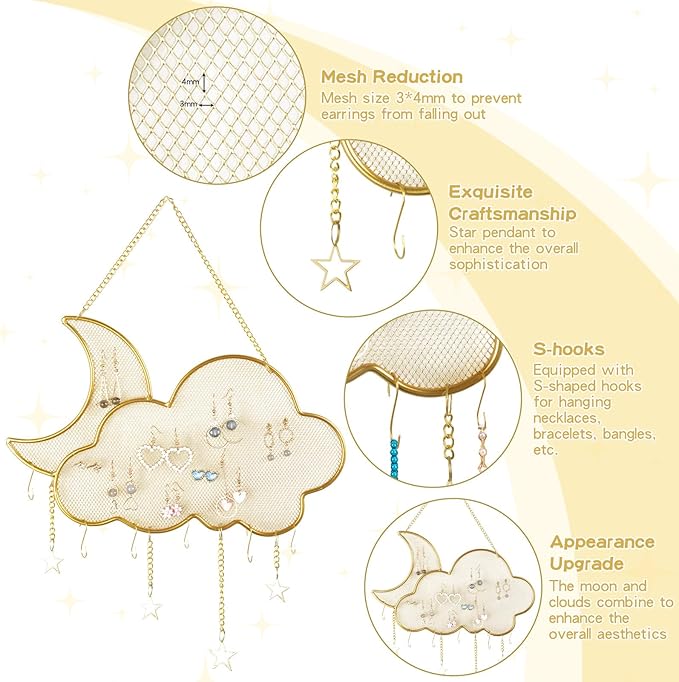 WCHOSOZH Hanging Earring Holder Organizer, Metal Wall Mounted Jewelry Holder with 6PCS Hanging Hooks, Moon Cloud Shape Necklace Display Rack and Storage for Earrings Necklace Bracelet (Gold)