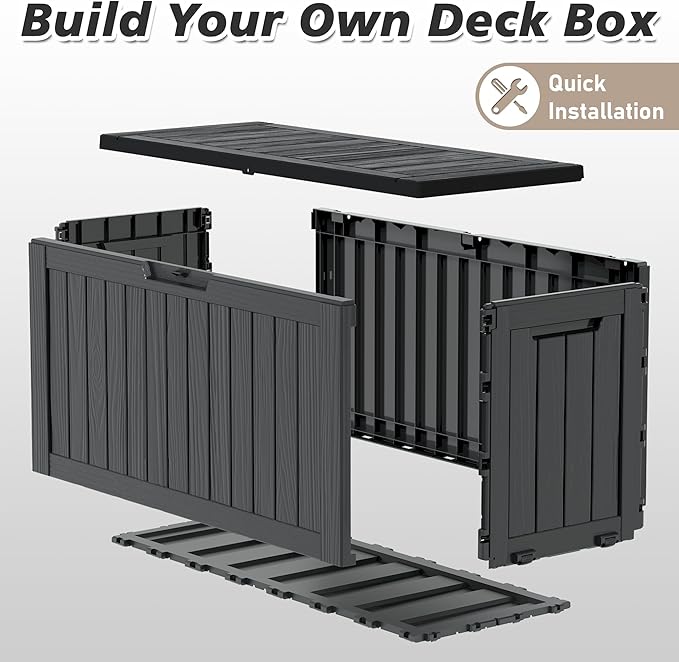 KAMABOKO Deck Box, 75 Gallon Resin Indoor and Outdoor Storage Boxes Waterproof for Garden Tools, Pool Accessories Storage Bench, Patio Furniture and Cushions with Lockable Lid, Black
