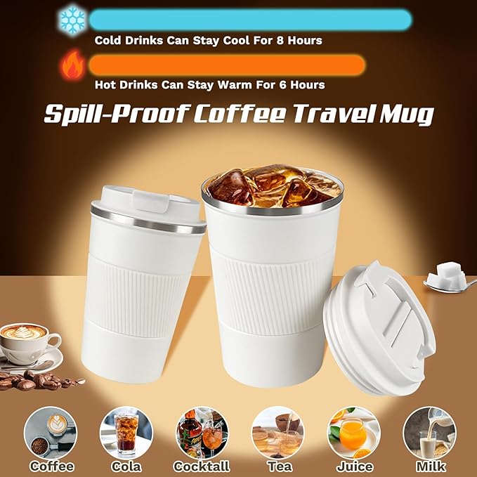 Vacuum-Insulated Stainless Steel Travel Coffee Mug, Leak-Proof Reusable Coffee Cup with Lid - Keep Hot & Cold Drinks for Hours, Durable Insulated Tumbler for Men & Women(3rd-White, 12OZ)