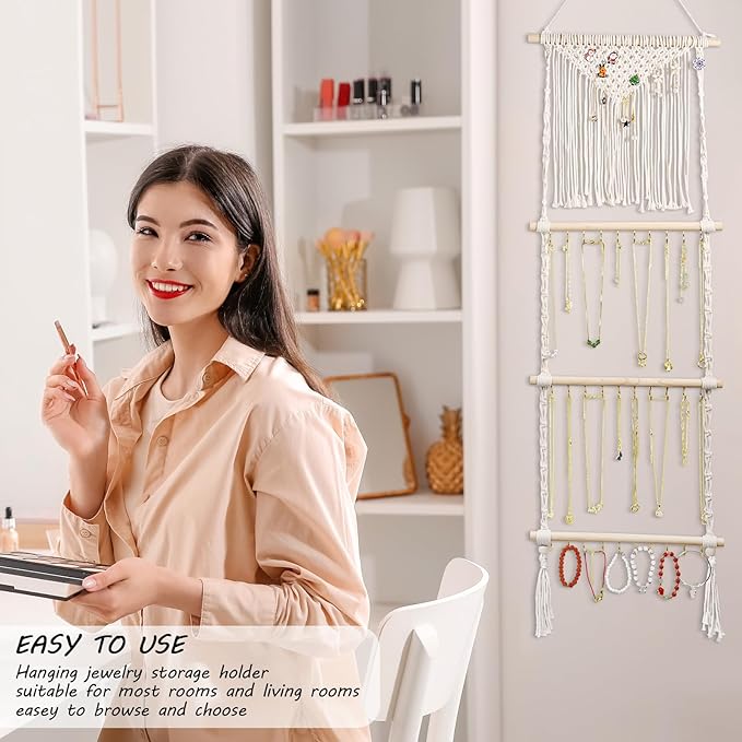 Hanging Jewelry Organizer, Boho Macrame Necklace Hanger Wall Mounted with 30 Hooks,Door Hanging Jewelry Holder with Tassel for Necklaces Display Organizer(Necklace Holder)