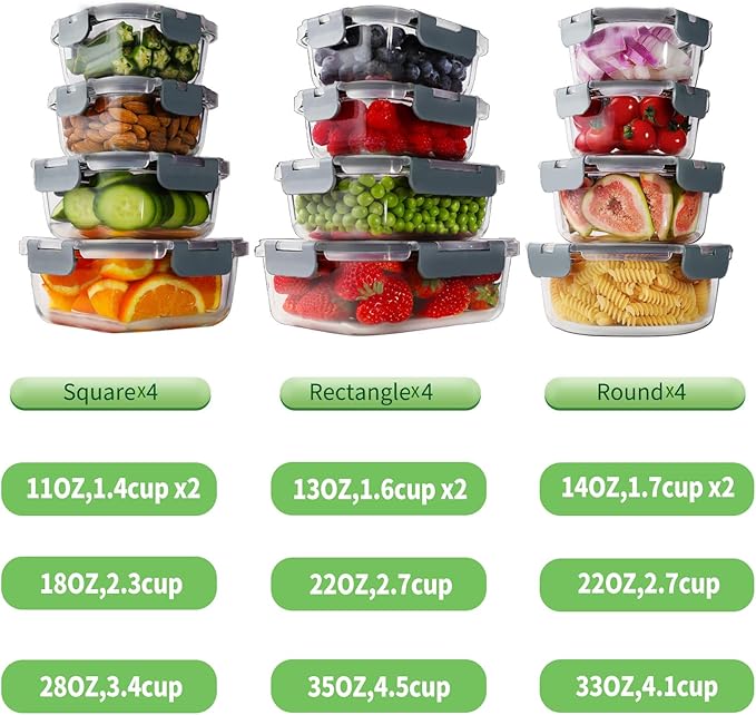 HOMBERKING 24pc Borosilicate Glass Food Storage Containers with Snap Locking Lids, Glass Meal Prep Containers, Airtight Lunch Boxes, Oven, Freezer and Dishwasher Safe, BPA Free, Kitchen Storage Set