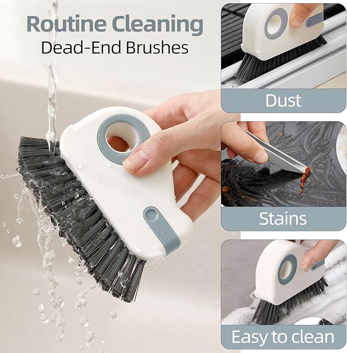 2 in 1 Groove Cleaning Brush, Grout Cleaner Tool & Multifunction Window Track Cleaner (with Hidden Scraper or Mini Dustpan) – for Glass Door Tracks, Window Sills, Sliding Doors (Gray)