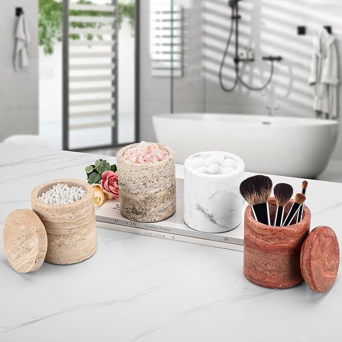 Natural Marble Canister, Cotton Swab Holder with Lid, High Capacity Bathroom Qtip Holder Storage for Cotton Swab, Floss Picks, Makeup Pad, Bath Salt, Gray Travertine(NS017)