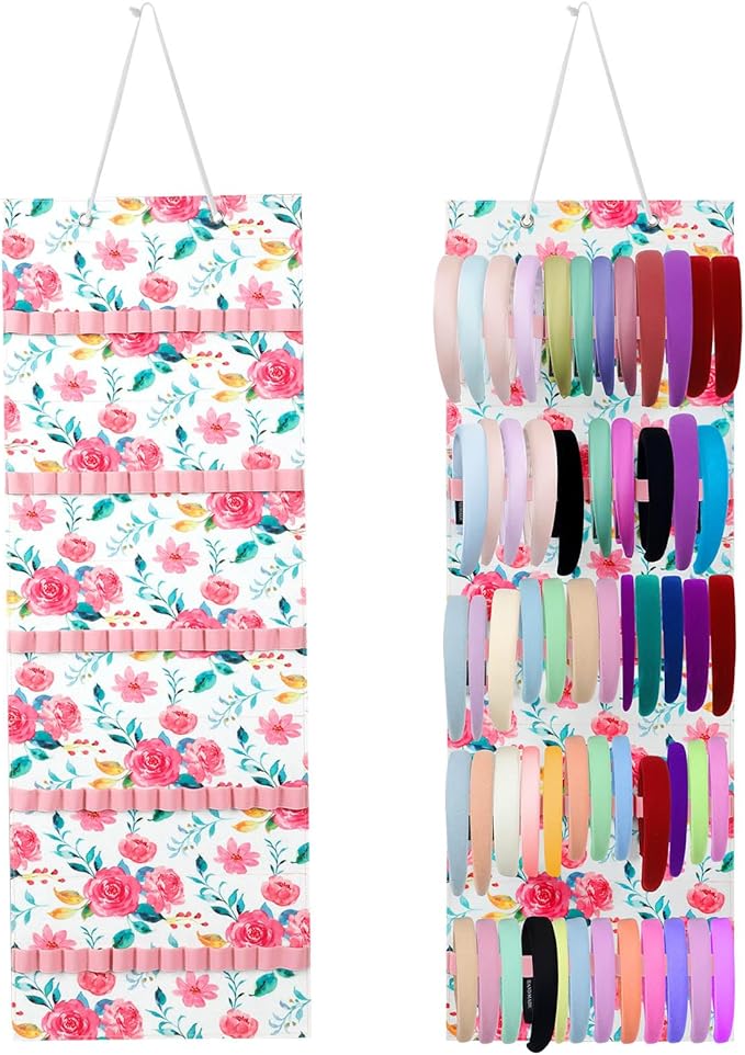 Tudomro Hanging Headband Holder for Girls Felt Hair Accessories Organizer with 60 Elastic Bands Bow Hanger for Girls Hair Bows Without Headbands(Floral,Pink, Green)
