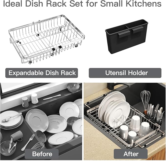 Small Expandable Over The Sink Dish Drying Rack Drainer In Stainless Steel Metal For Kitchen, Counter Space Saving Compact Above Plate Dryer Strainer, Adjustable Hanging Inside Sink Wire Drain Holder