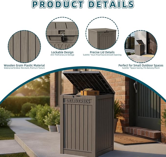 EasyUp Outdoor Package Delivery Box, 55-Gallon Lockable Parcel Drop Box, Large Double-Walled Resin Weatherproof Storage Deck Box for Porch and Patio (Gray)