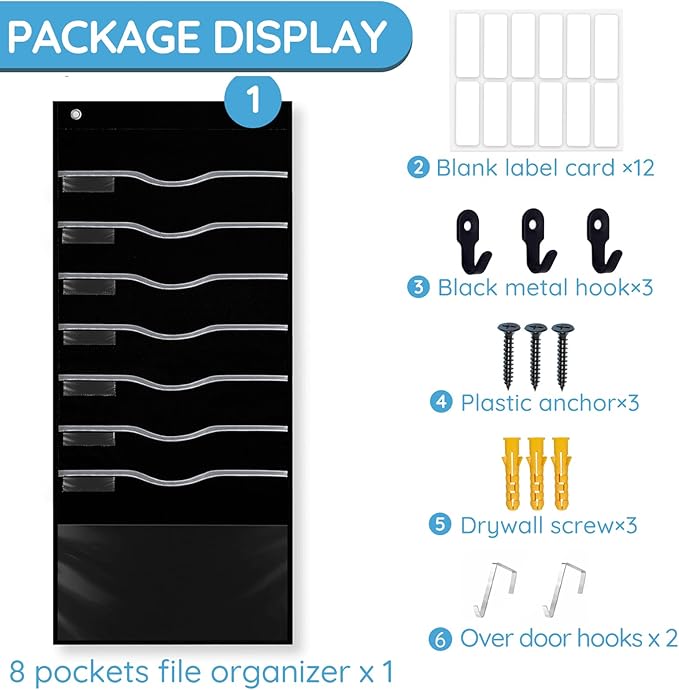 8 Pockets Hanging Wall File Organizer for Legal/ Letter/ A4 Size Paper, Over the Door Organizer, Black Pocket Chart for Classroom, Office, Home Use with 12 Name Tags, 5 Hooks and Clear Calendar Pocket