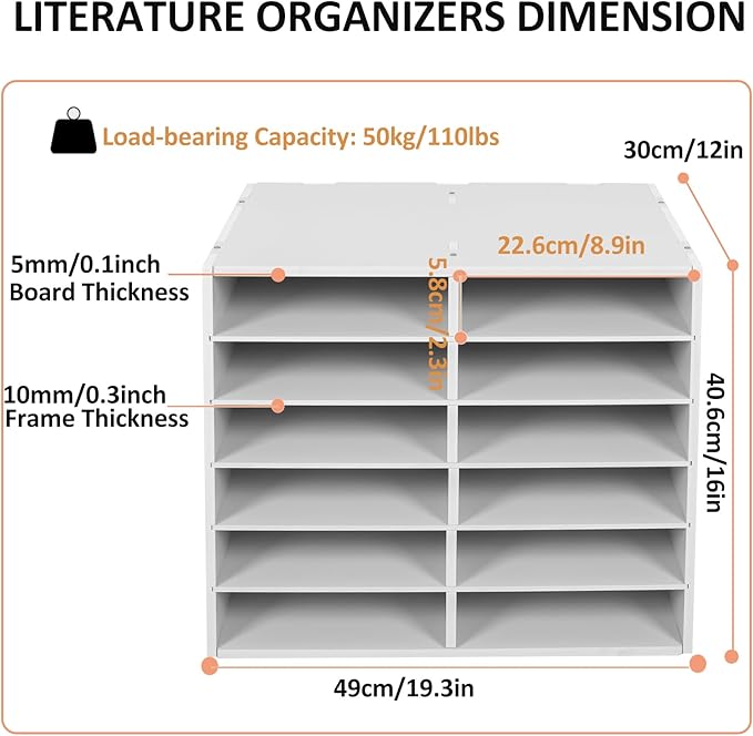 LOYALHEARTDY Literature Organizer, 12 Compartments Paper Storage Cabinet Mail Organizer, 19.3 X 12 X 16 Inch Desktop File Sorter Mail Center Mailbox School Classroom Keepers for Home & Office