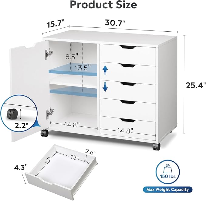 DEVAISE 5-Drawer Wood Drawer Cabinet, Office Storage Cabinet with Adjustable Shelf & Wheels, Printer Stand for Home Office, White