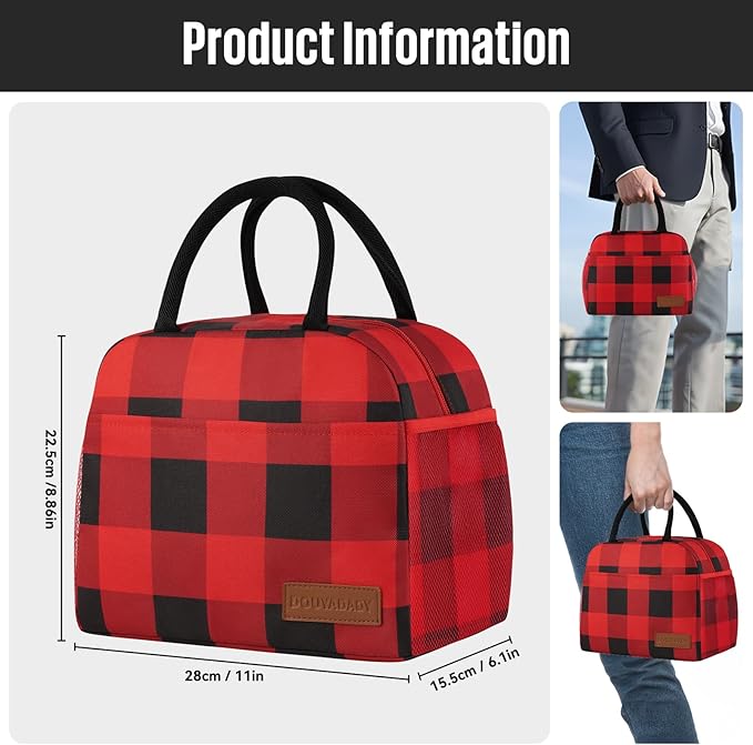 Lunch Bag Women/Men Lunch Box Women/Men (Red+Black Blocks)