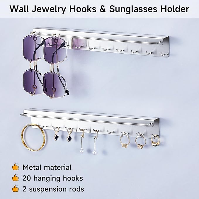 2PCS Necklace Holder Wall Mount, Hanging Jewelry Organizer, Sunglasses Holder, Headband Holders, Necklace Organizer Display with 20 Hooks for Earring,Bracelet,Glasses Storage for Women Men, Silver