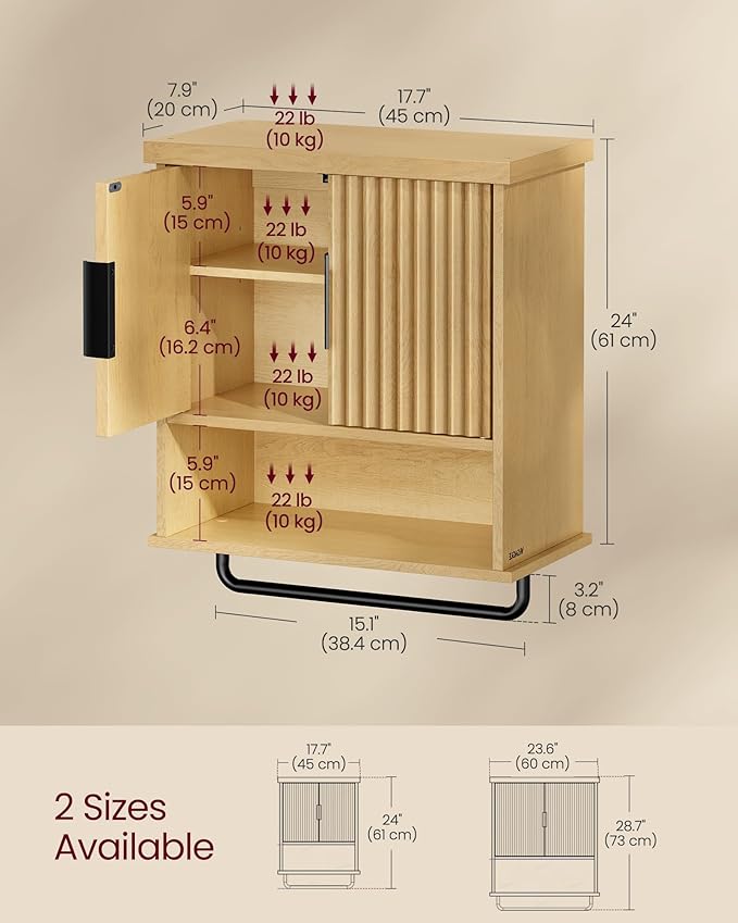 VASAGLE MAXE Collection - Bathroom Cabinet Wall Mounted, Over Toilet Hanging Cabinet with Adjustable Shelf, Towel Bar, Fluted Doors, 7.9 x 17.7 x 24 Inches, Transitional, Oak Beige UBBK137Y01S
