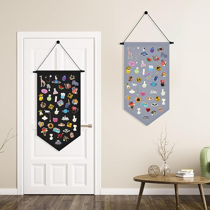Kunyeah Wall Hanging Brooch Organizer Storage Case Colorful Canvas Pin Board Stand Enamel Pin Badge Hanging Holder Display Banner Earrings Collection Holder - Pins No Included (Gray)