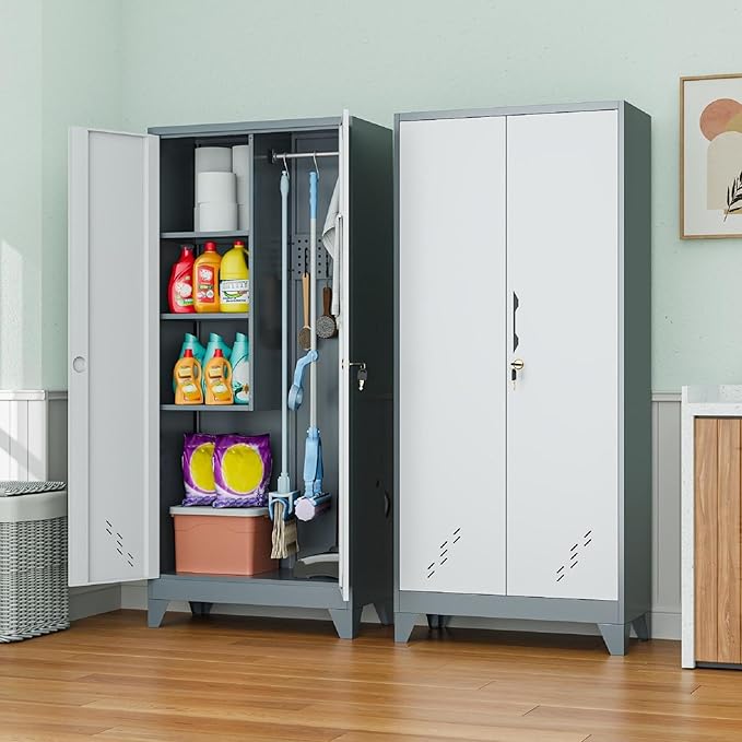 61" Broom Closet Storage Cabinet, Metal Storage Cabinet with Doors, Utility Cabinets for Brooms and Mops, Cleaning Tool Cabinets for Garage, Laundry Room, Bathroom (White)