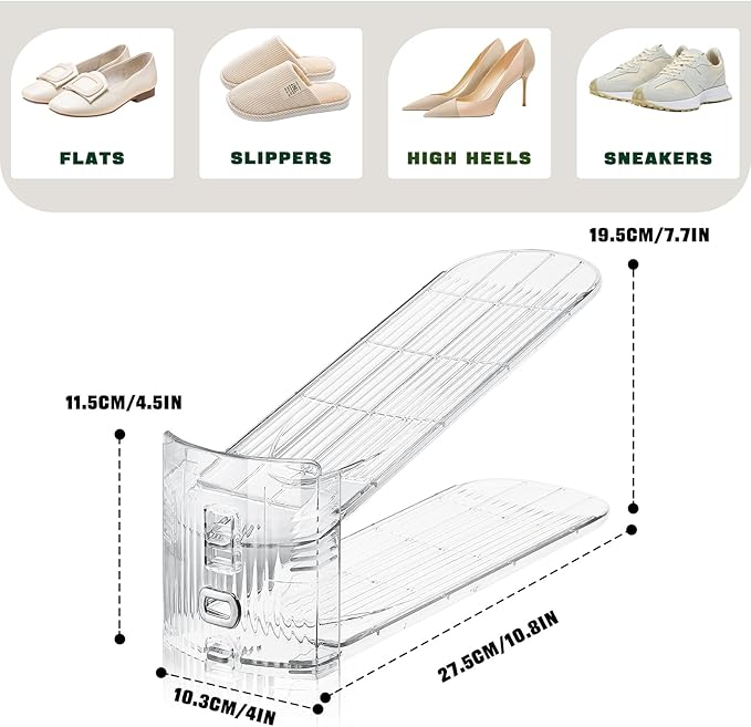 10 Pack Transparent Shoe Stacker,Shoe Slots Organizer for Closet, Shoe Display Space Saver,Adjustable Shoe Rack Organizer Holder for High Heels,Sneakers(Transparent)