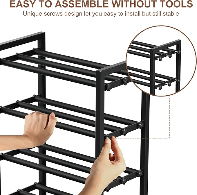 4-Tier Expandable Shoe Rack, Adjustable Shoe Shelf Storage Organizer Heavy Duty Metal Free Standing Shoe Rack for Entryway Closet Doorway (Black)