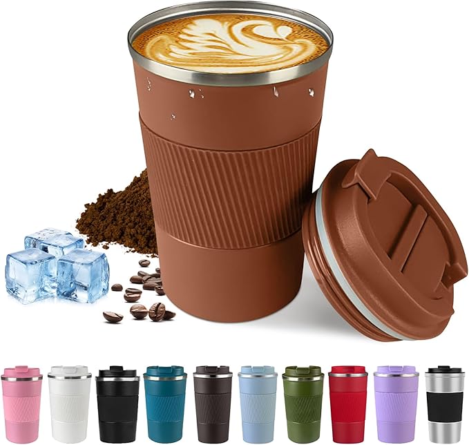 Vacuum-Insulated Stainless Steel Travel Coffee Mug, Leak-Proof Reusable Coffee Cup with Lid -Keep Hot & Cold Drinks for Hours, Durable Insulated Tumbler for Men & Women(3rd-Light Coffee, 17OZ)