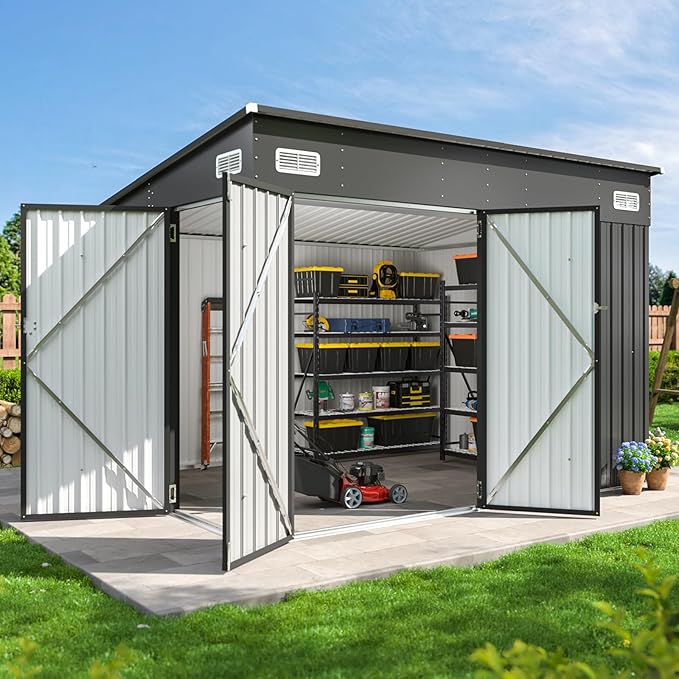 Aoxun 9.4'x7.3' Triple Door Shed Outdoor Storage Shed with Three Lockable Door for Easily Accessing Metal Storage Cabinet with Slopping Roof for Tools Bicycles Storage for Garden, Backyards (Black)