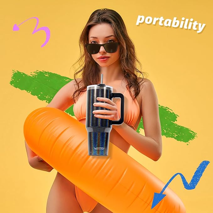 40 oz Shiny Tumbler with Handle,Tumbler with Lid and Straw,Double Wall Insulated Cup Stainless Steel Travel Mug(Cold for 34 Hours),Water Bottle for Iced Tea,Coffee,Cold Beverages(Black)