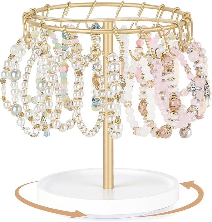 Mkono Hanging Jewelry Organizer Macrame Necklace Holder Wall Mounted and Bracelet Holder Single Tier Rotating Bracelet Display Stand Metal Jewelry Organizer for KeyChain Accessories Selling