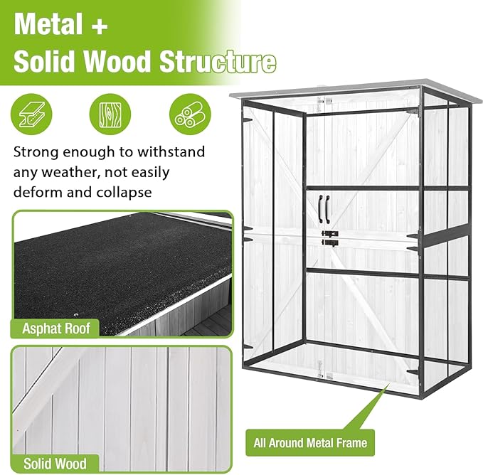 GUTINNEEN Outdoor Storage Cabinet Durable Metal Frame and Solid Wood Vertical Tool Shed with 3 Adjustable Height Shelves and Bottom Floor for Patio, Garden, Backyard, 55" L x 29" W x 67" H