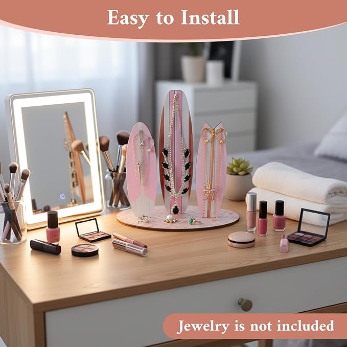 DIVINA VITAE Jewelry Organizer Stand, Cute Coastal Ocean Surfboard Decor, Preppy Beach Themed Room Decor Aesthetic, Coastal Dedroom Decoration Wooden Hawaii Surfer Gift for Teen Girls(Pink)