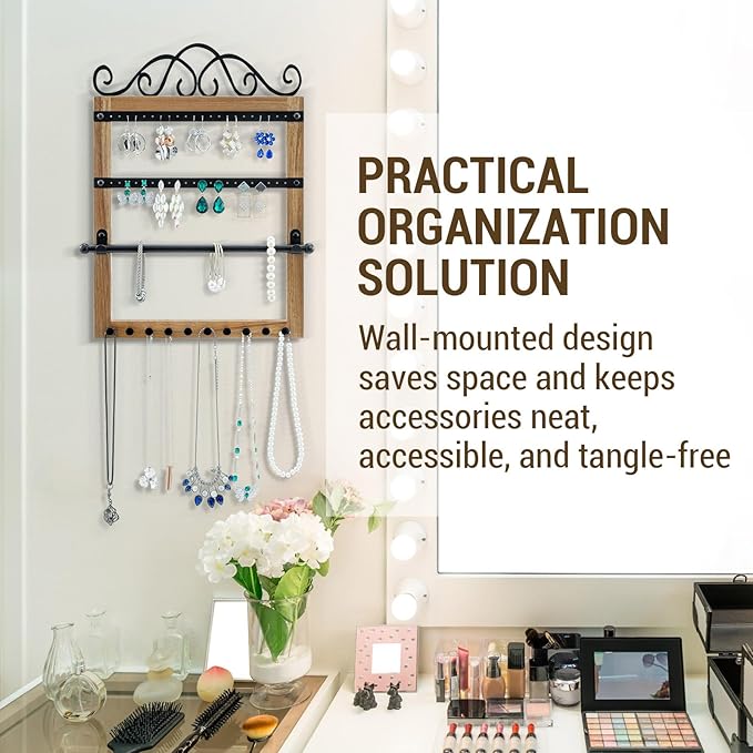 MyGift Premium Acacia Wood & Black Metal Wall Mounted Jewelry Organizer – Scrollwork Design Holder for Necklaces, Earrings, Bracelets & Accessories